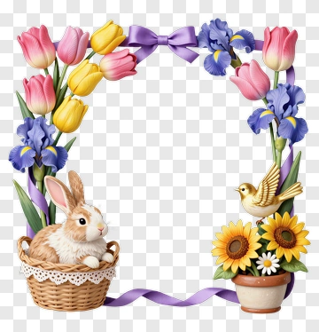 Easter Bunny With Flowers And Sunflowers PNG