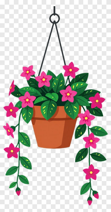 Hanging Flower Pot With Pink Flowers PNG