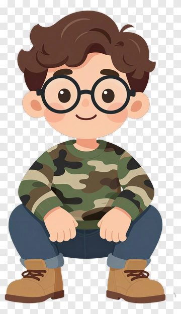 Cartoon Boy Sitting In Camouflage Sweater PNG