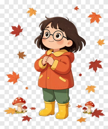 Cartoon Girl In Raincoat Surrounded By Autumn Leaves PNG
