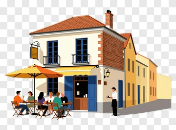 Outdoor Café With Customers And Waiter PNG
