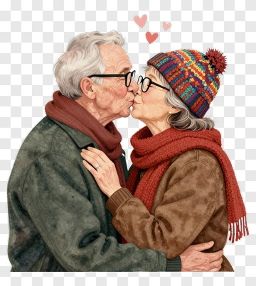 Elderly Couple Kissing With Hearts PNG