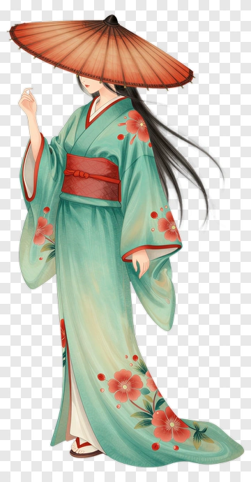 Woman In Traditional Kimono With Umbrella PNG