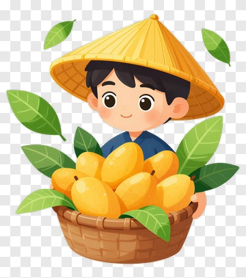 Cartoon Boy Holding A Basket Of Mangoes PNG