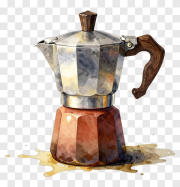 Watercolor Coffee Maker With Spilled Coffee PNG