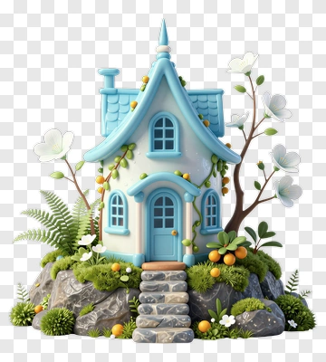3D Cartoon House Surrounded By Plants PNG