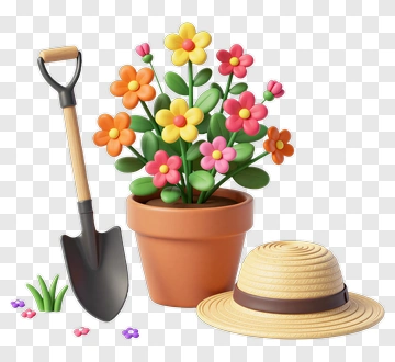 Colorful Flower Pot With Gardening Tools PNG