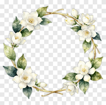 Floral Wreath With White Flowers And Green Leaves PNG