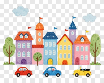 Colorful Cartoon Town With Cars PNG