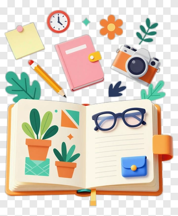 Colorful Open Notebook With Plants And Stationery PNG