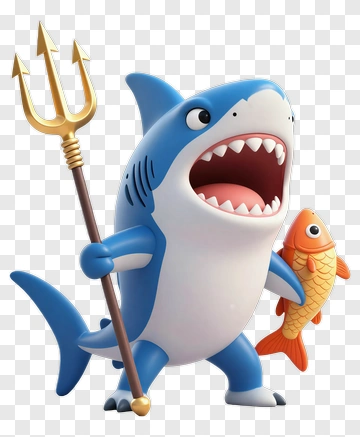 Cartoon Shark Holding A Fish And Trident PNG