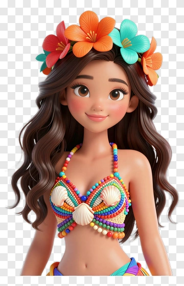 3D Girl In Tropical Outfit With Flower Crown PNG