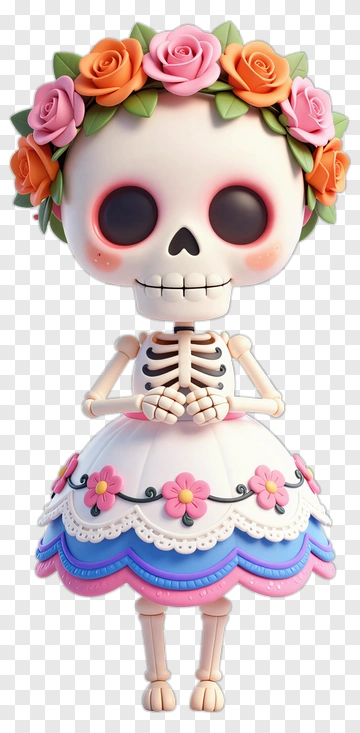 Cartoon Skeleton Doll With Floral Dress PNG
