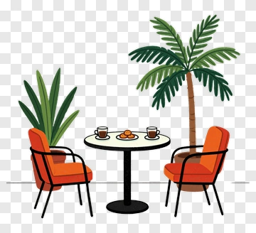 Cozy Outdoor Cafe Table With Palm And Succulent Plants PNG
