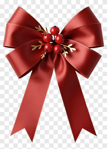 Red Ribbon Bow With Berries And Leaves PNG