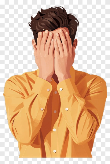 Man Covering Face With Hands In Orange Shirt PNG