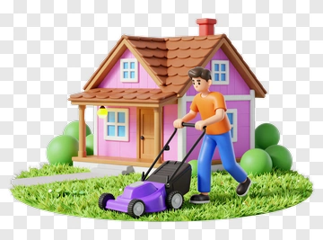 Man Mowing Lawn In Front Of A House PNG