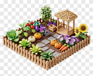 Colorful Vegetable Garden With Wooden Shed And Flowers PNG