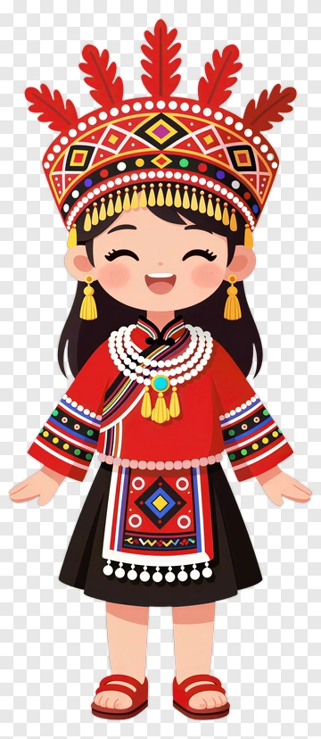 Cartoon Girl In Traditional Dress With Colorful Accessories PNG