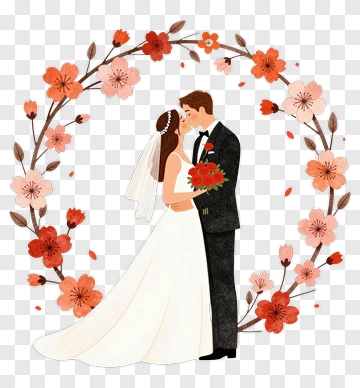 Wedding Couple In Floral Wreath PNG