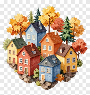Colorful Houses Surrounded By Autumn Trees PNG