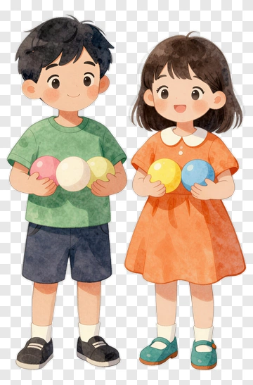 Cartoon Children Holding Colorful Balls PNG