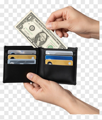 Hands Holding A Black Wallet With Cash And Cards PNG