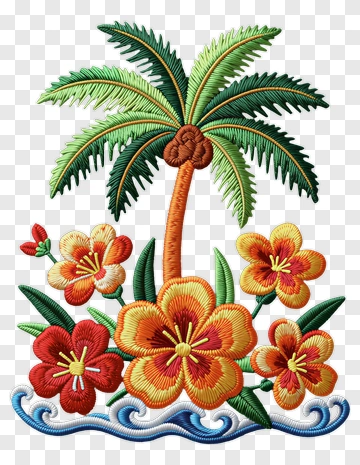 Embroidered Tropical Palm Tree With Flowers PNG