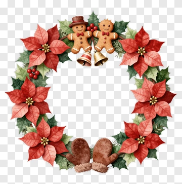 Christmas Wreath With Poinsettias And Gingerbread Cookies PNG