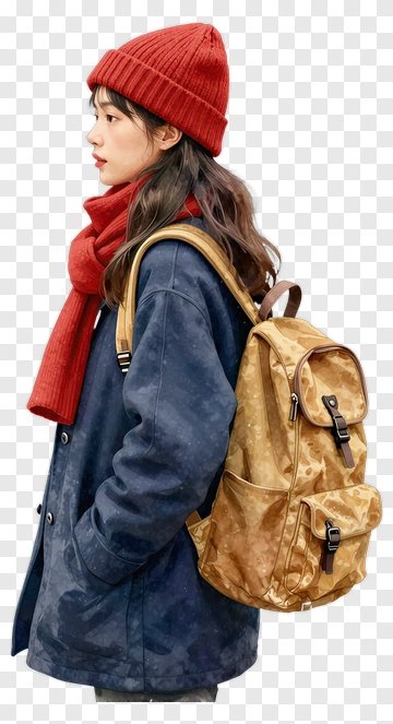 Young Woman Wearing A Red Beanie And Scarf With A Backpack PNG