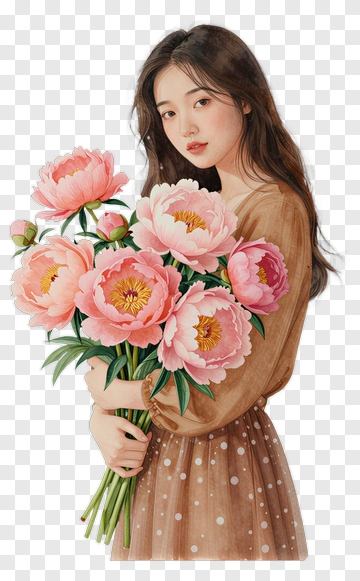 Woman Holding A Bouquet Of Pink Peonies PNG
