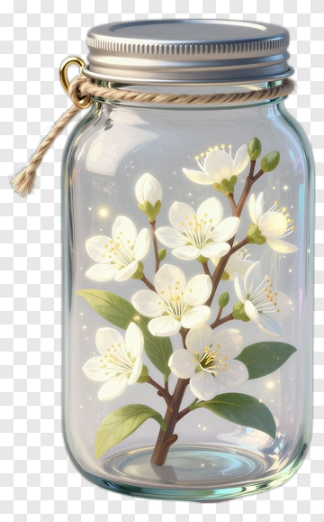 Glass Jar With White Cherry Blossom Branch PNG