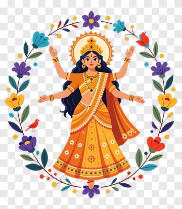 Colorful Hindu Goddess With Floral Frame PNG