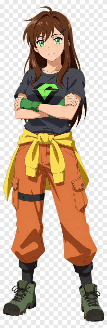 Anime Character With Green Eyes And Orange Cargo Pants PNG
