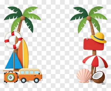 Beach Vacation Elements With Palms And Surfboard PNG