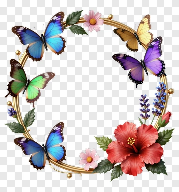 Colorful Floral Wreath With Butterflies PNG