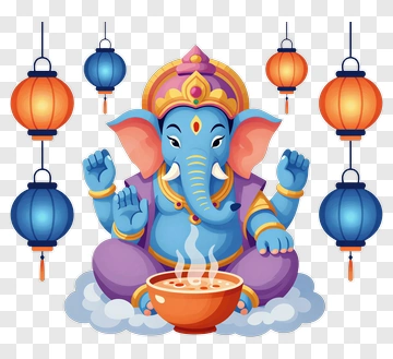 Cartoon Elephant Holding A Bowl With Lanterns PNG