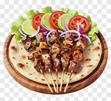 Grilled Meat Skewers With Fresh Vegetables On Flatbread PNG