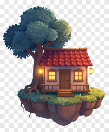 Cartoon House Under A Tree PNG