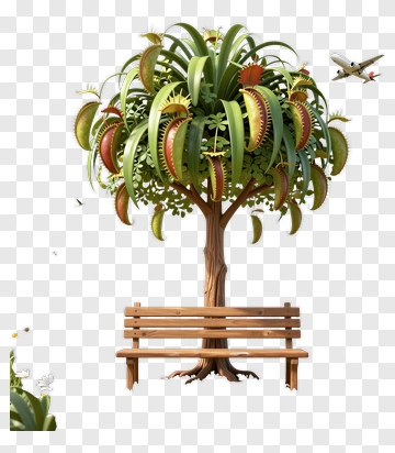 Carnivorous Plant Tree With Wooden Bench PNG