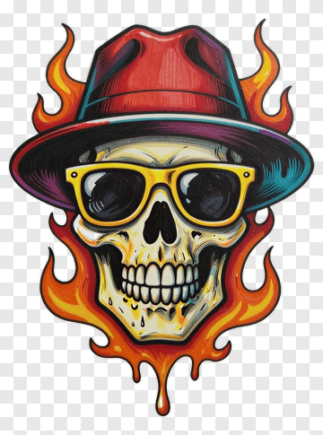 Cartoon Skull With Flames And Hat PNG