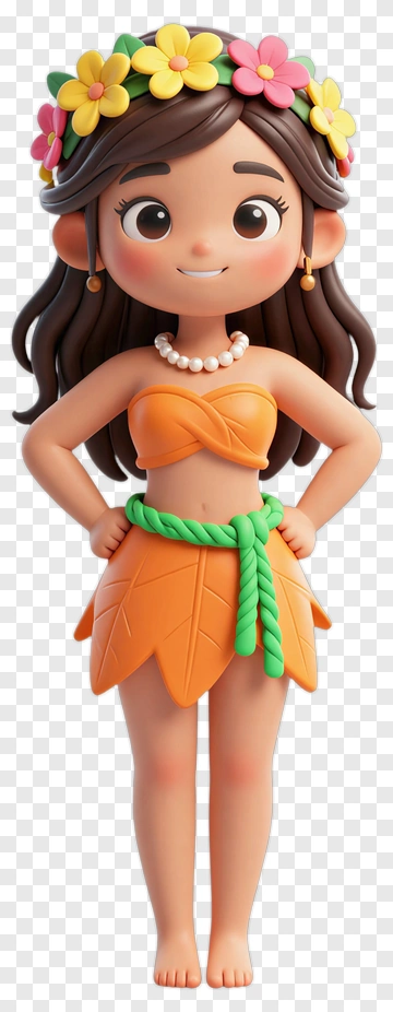 3D Cartoon Girl In Leaf Skirt With Flower Crown PNG