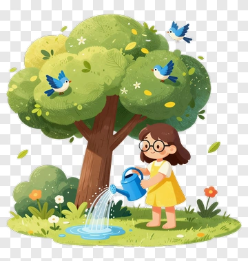 Girl Watering Plants Under A Tree PNG