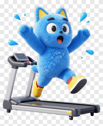 Cartoon Blue Cat Running On A Treadmill PNG