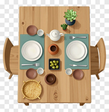 Dining Table Set With Plates And Plants PNG