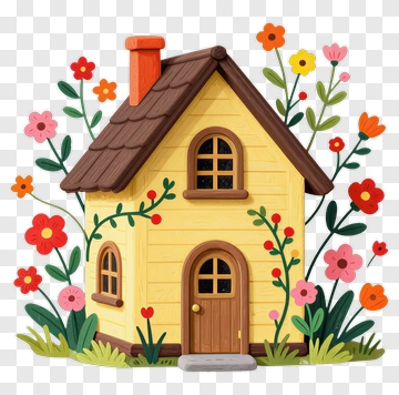 Colorful House Surrounded By Flowers PNG