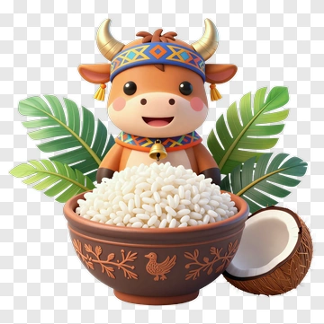 3D Cartoon Cow Holding A Bowl Of Rice PNG