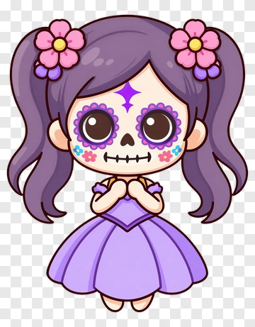 Cartoon Girl In A Purple Dress With Sugar Skull Makeup PNG