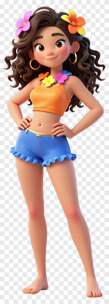 Cartoon Girl In Beach Outfit With Flowers PNG