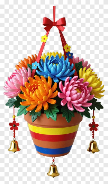 Colorful Flower Basket With Bells PNG